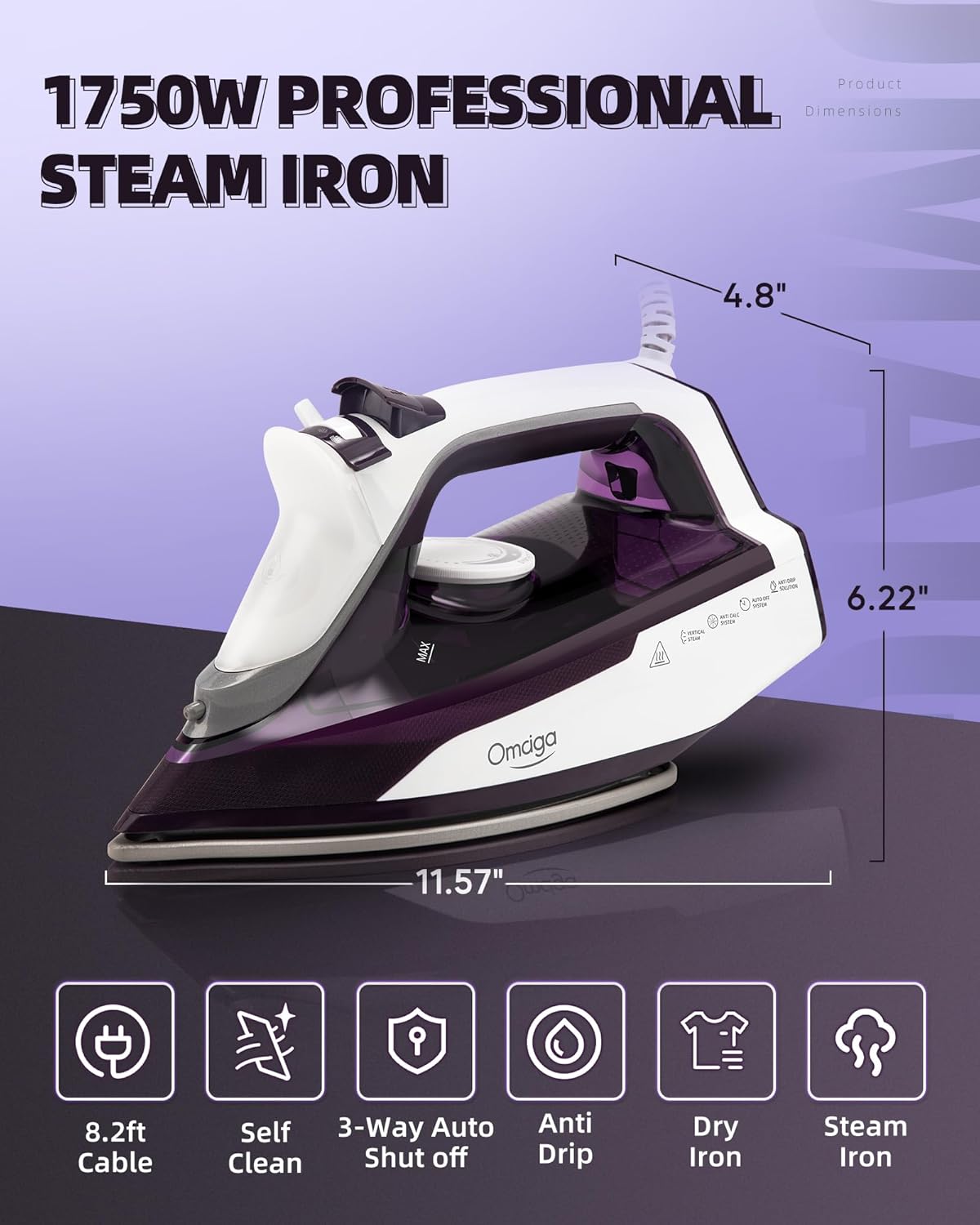 Steam Iron for Clothes - 1750W Iron with Upgrade Double-Layer Ceramic Soleplate, Burst of Steam