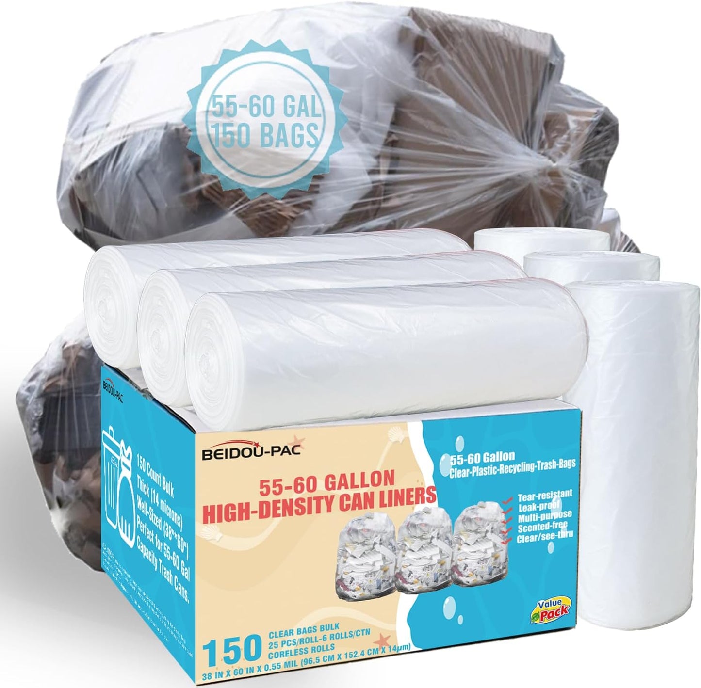 55-60 Gallon Trash Bags, 150 Count Bulk, Heavy Duty Clear Plastic Recycling Garbage Bags