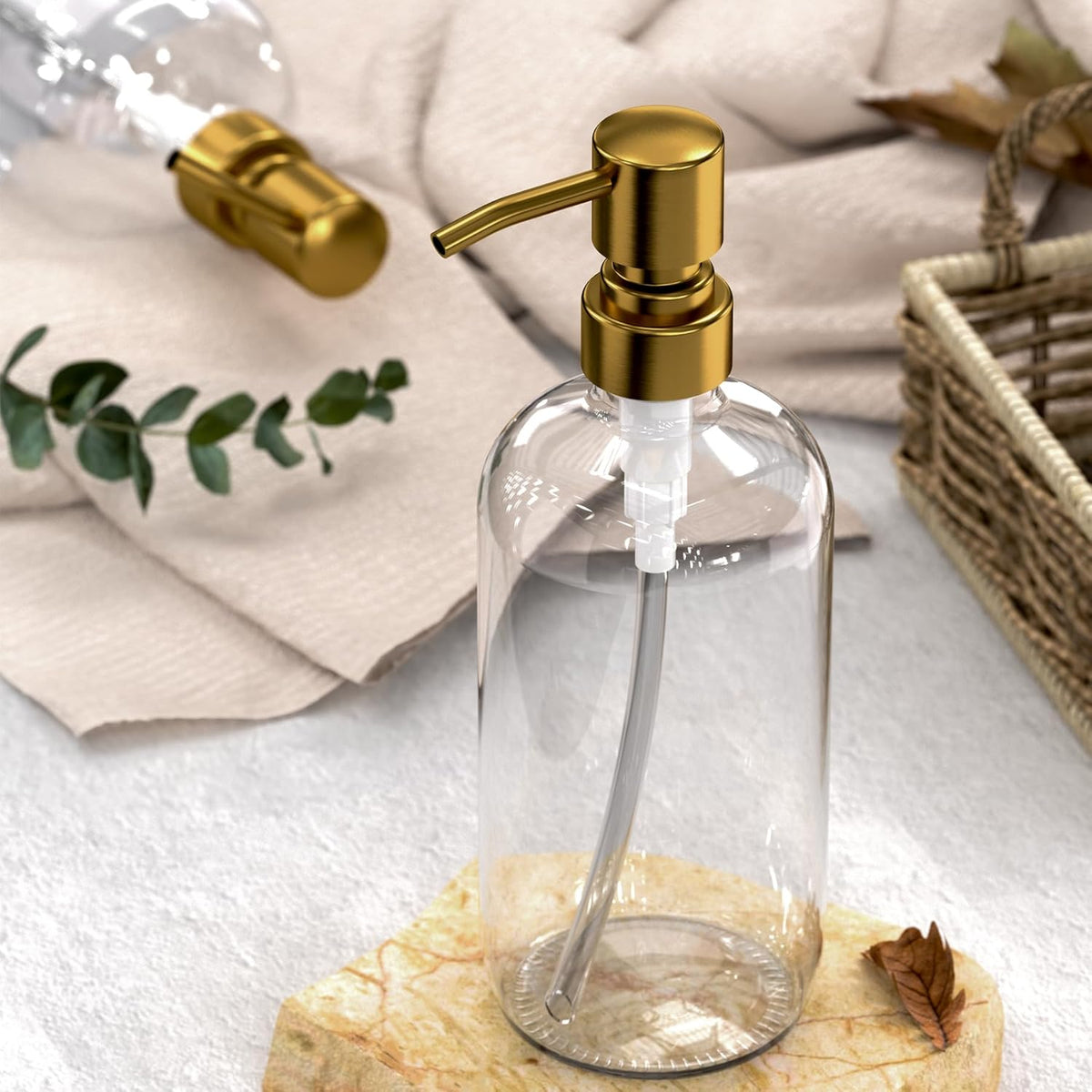 AmazerBath Soap Dispenser, 2 Pack Glass Soap Dispenser with Pump Stainless Steel, 17 Oz Clear Gold