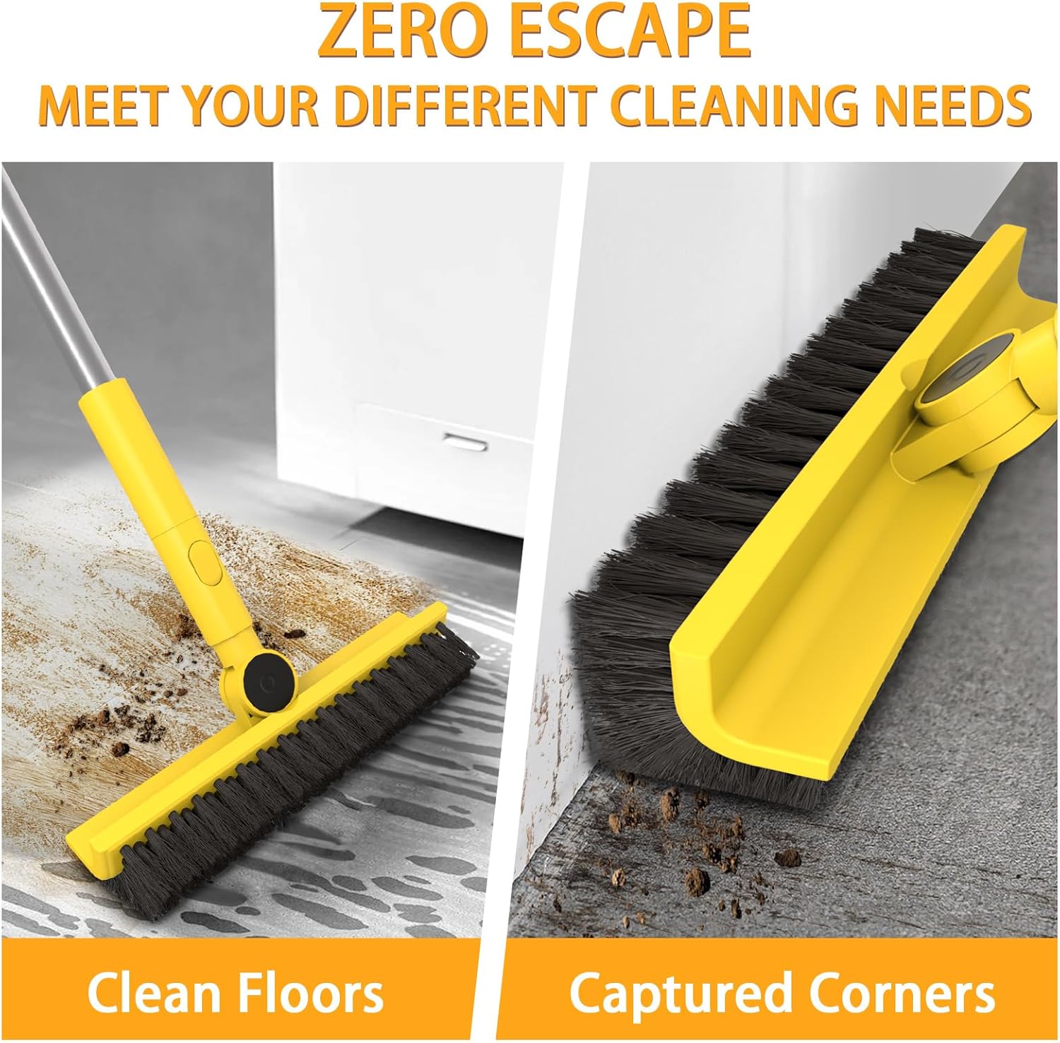 Multi-Purpose V-Shaped Grout Brush with 16.9" Floor Squeegee Set, Long Handle Floor Scrub Brush for
