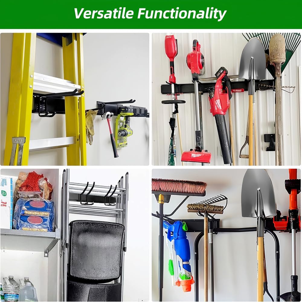 Garage Tool Organizer Wall Mount with 48 inches Rails and 6 Double-layer Hooks, Garden Tool Rack