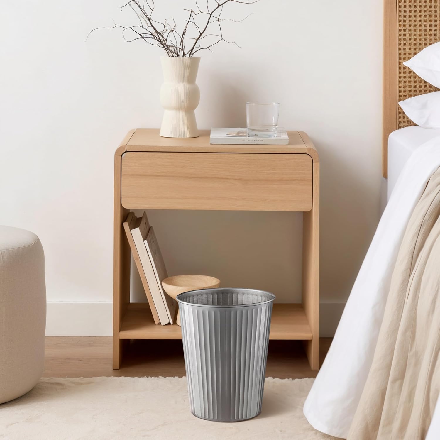 Monarch Abode Pewter Handcrafted Ridge Embossed Metal Wastebasket for Home Office, Decorative Waste
