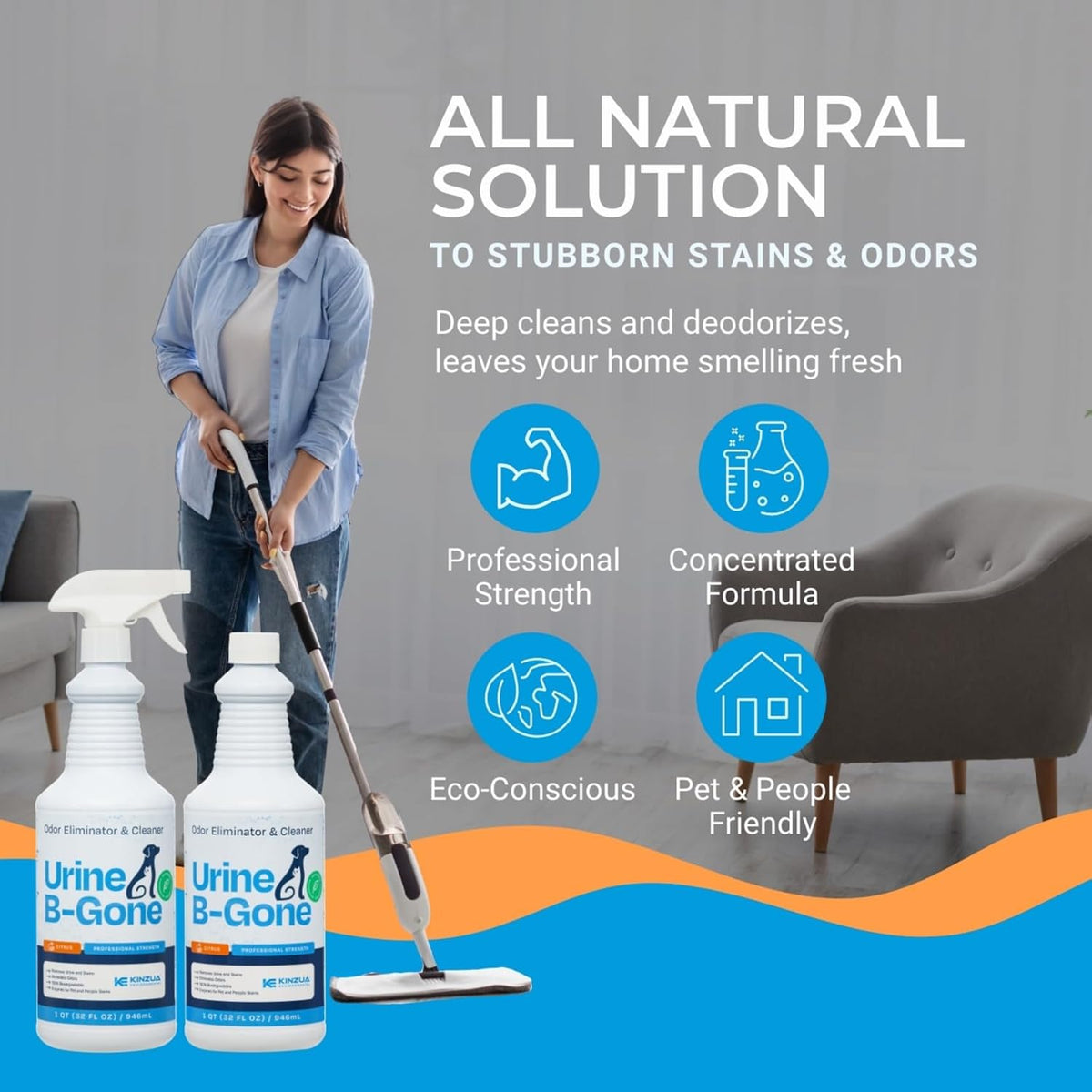 KINZUA ENVIRONMENTAL Urine B-Gone, Professional Enzyme Odor Eliminator & Pet Stain Remover, Human