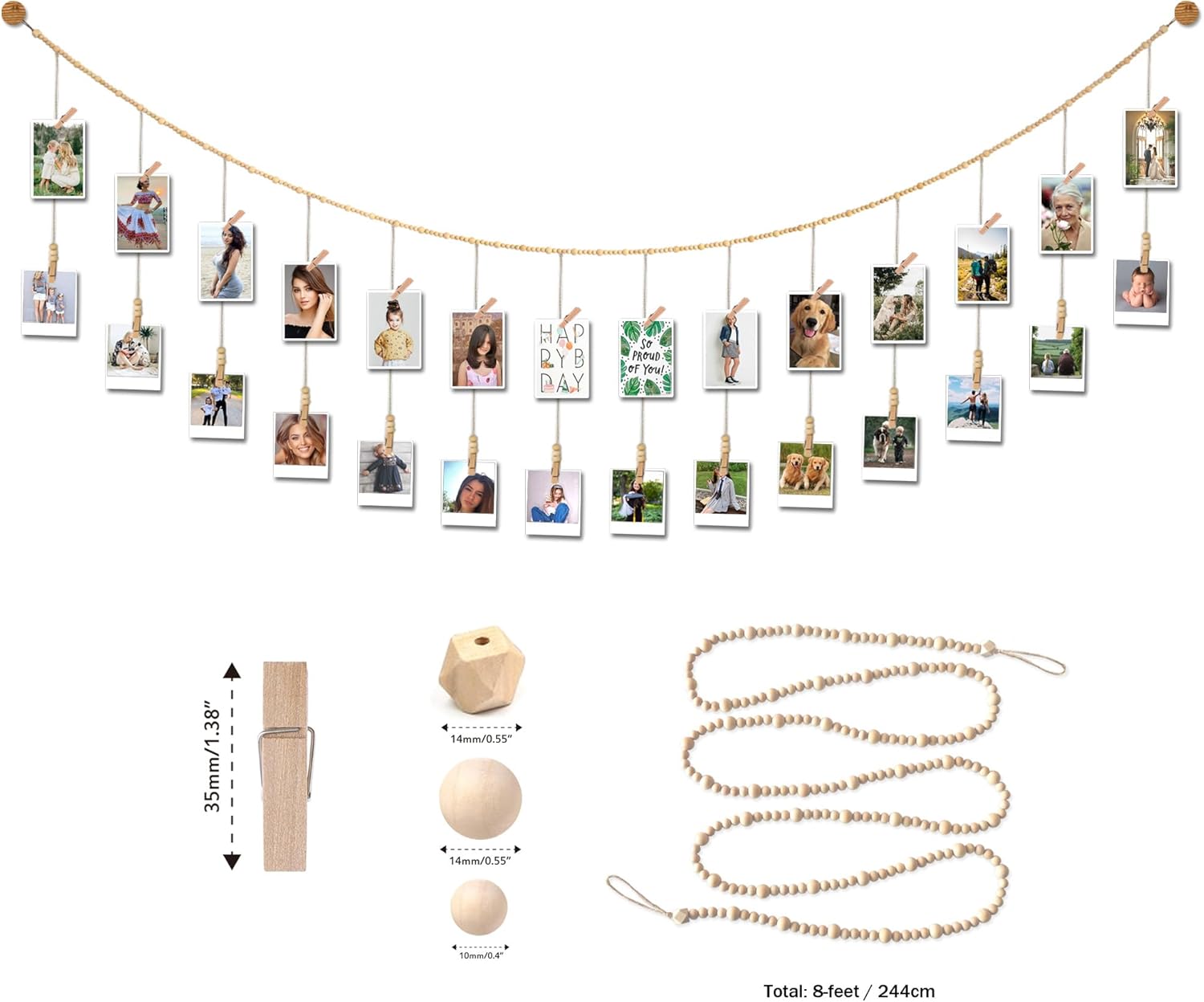 8 Feet Wooden Beads Garland with Clothespins Picture Cards Holder - Country Farmhouse Christmas