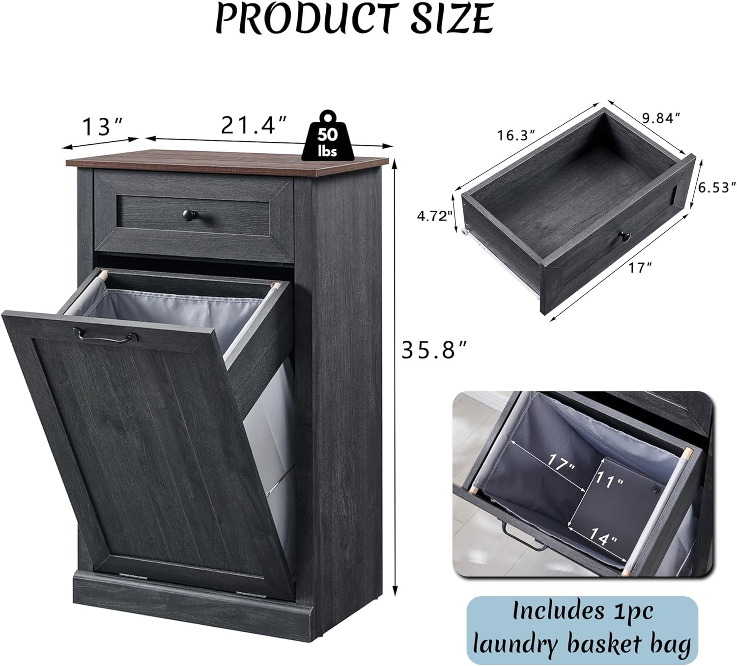 Tilt Out Laundry Hamper Cabinet, 10 Gallon Farmhouse Trash Can Cabinet with Drawer, Hidden Wood