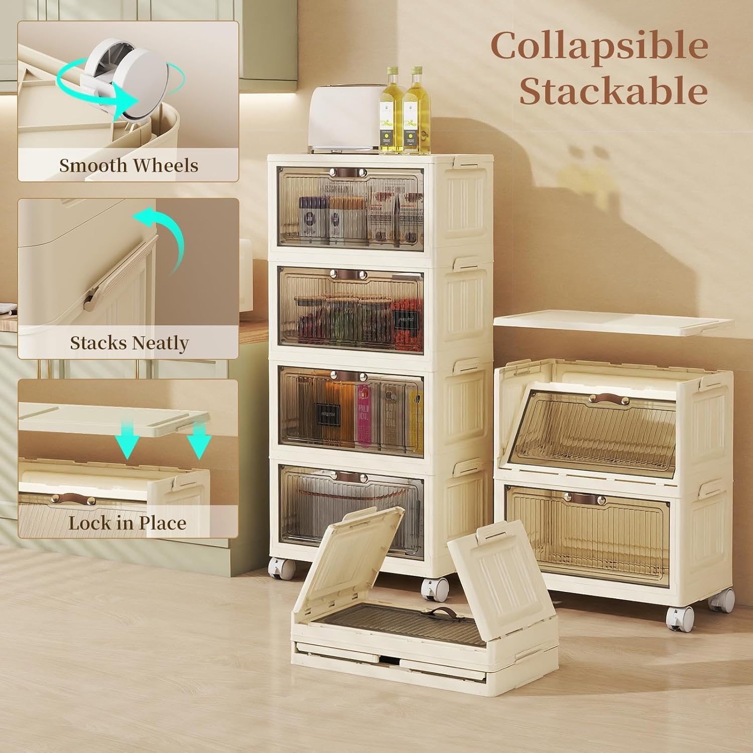 3 Tier - 48QT Storage Bins with Lids, Collapsible Storage Bins with Doors and Wheels, Plastic