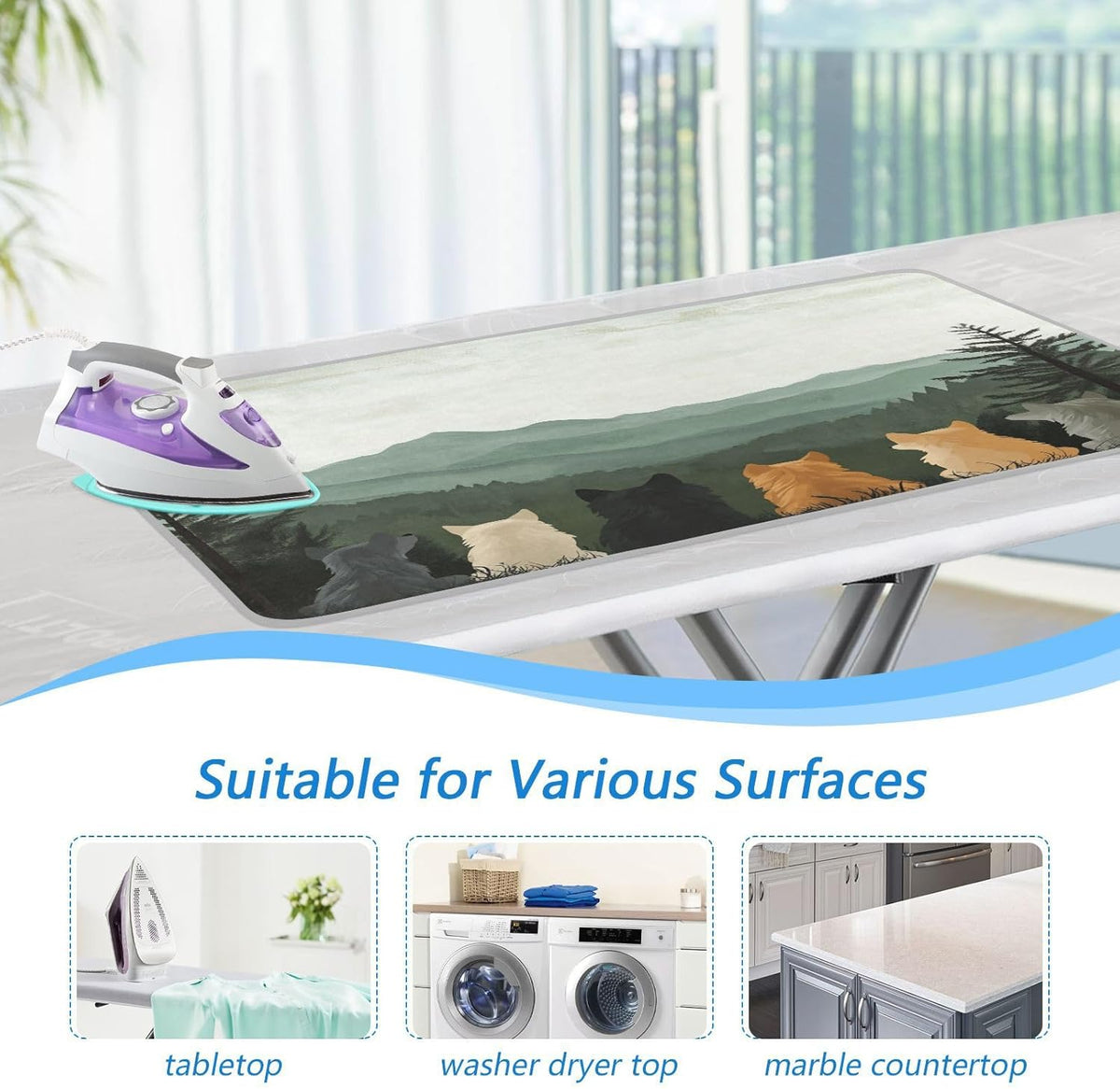 Cute Wolves Back and Green Mountain Ironing Mat Thickened Ironing Blanket Travel Portable