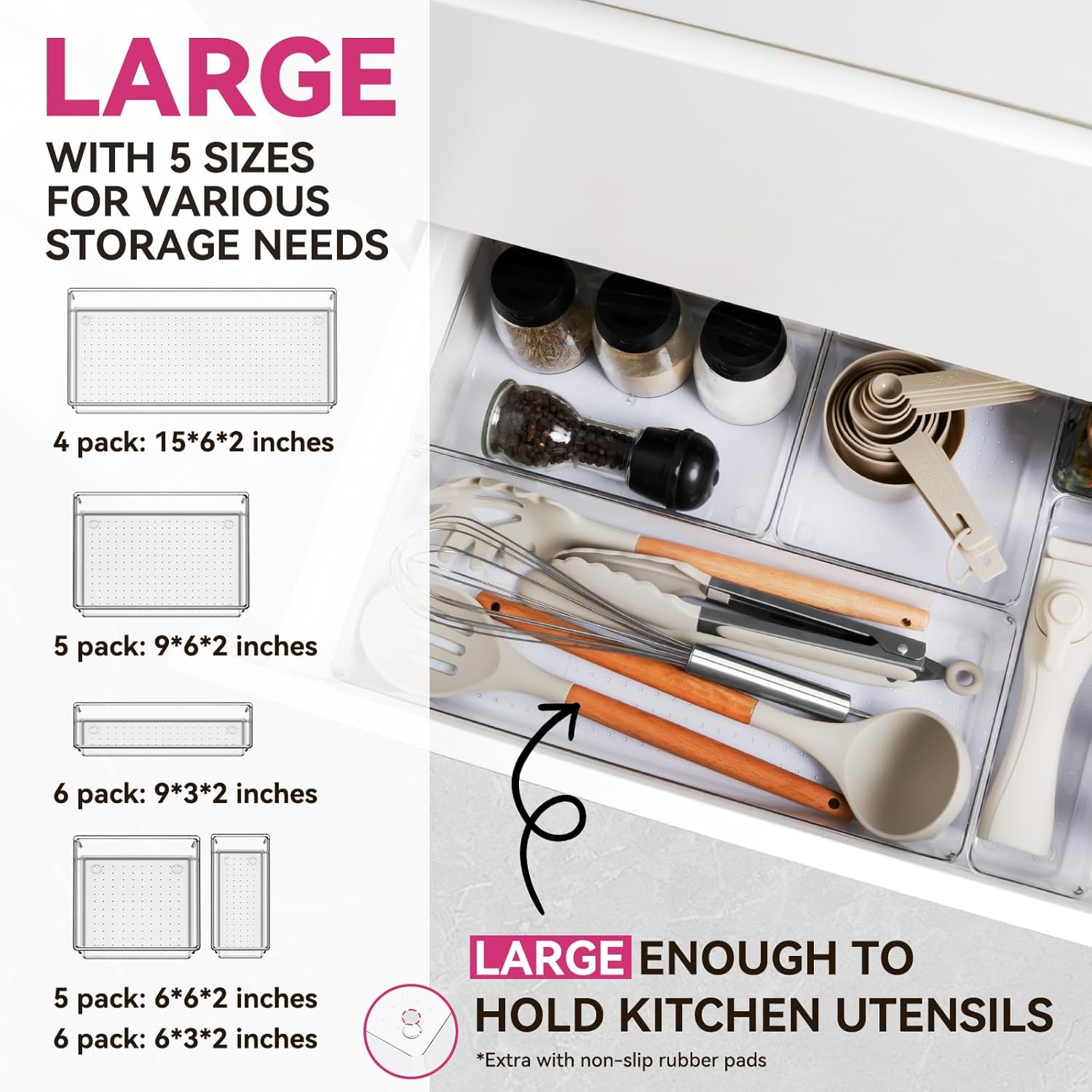 Criusia 26 Pack Large Clear Plastic Drawer Organizer Bins -5 Size Heavy Duty Acrylic Kitchen Drawer