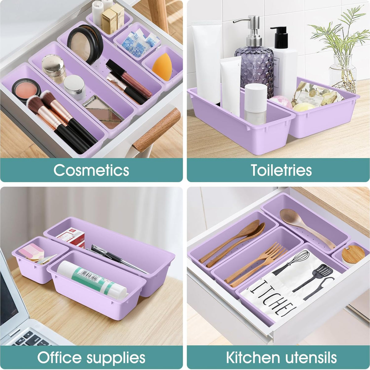 WOWBOX 25 PCS Plastic Drawer Organizer Set, 4 Sizes Desk Drawer Divider Organizers and Storage Bins