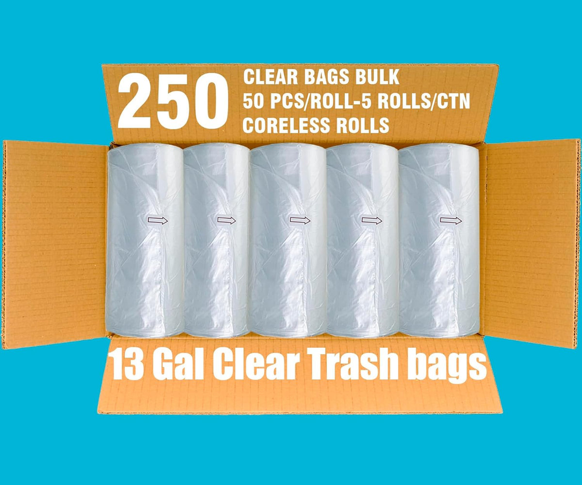 Trash Bags 13 Gallon, 250 Count Bulk, Clear Plastic Recycling Garbage Bags, Multi-purpose Tall