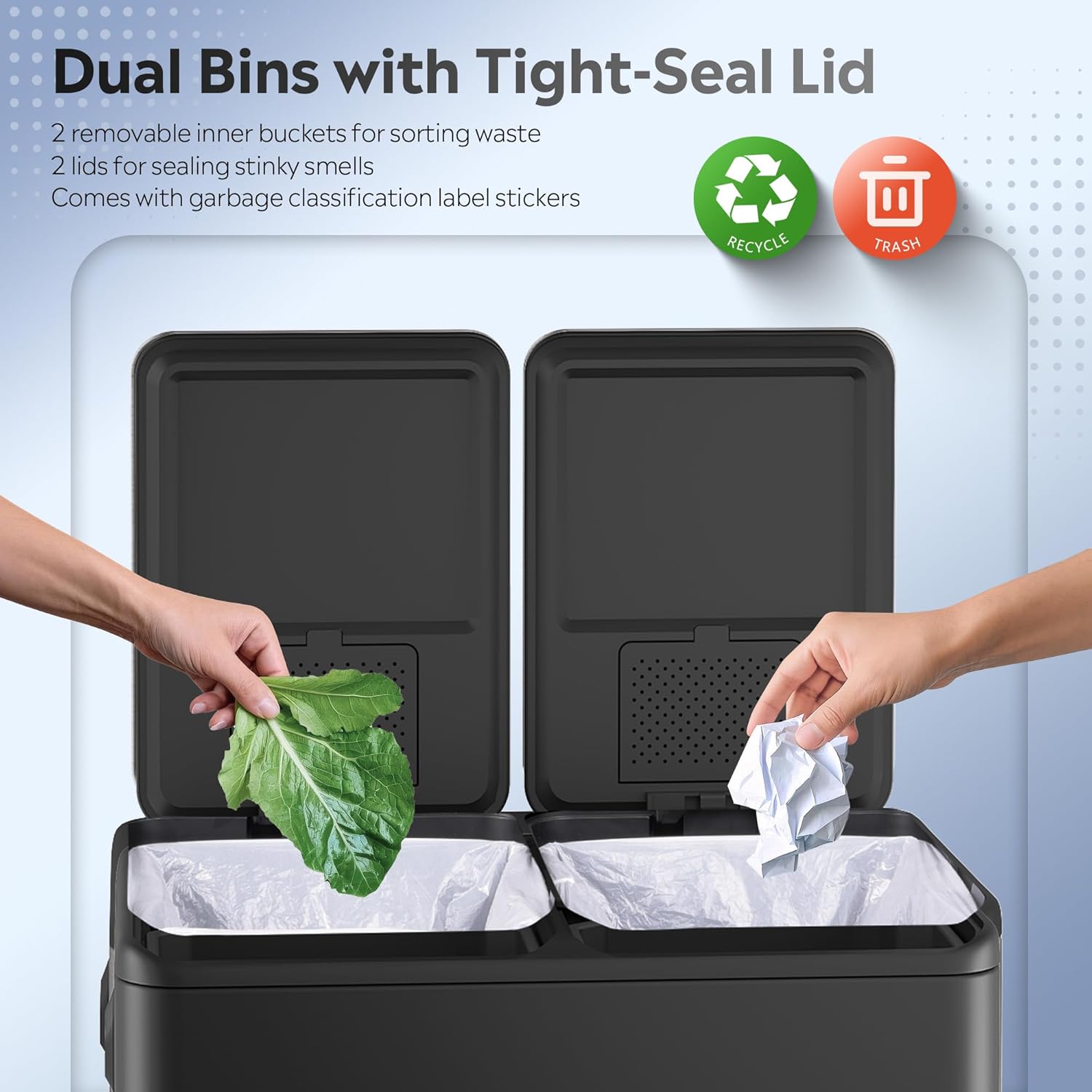 WLIVE Dual Trash Can, 2 x 8 Gallon (2 x 30 L), Step Trash Can with Lid with Inner Buckets, 2