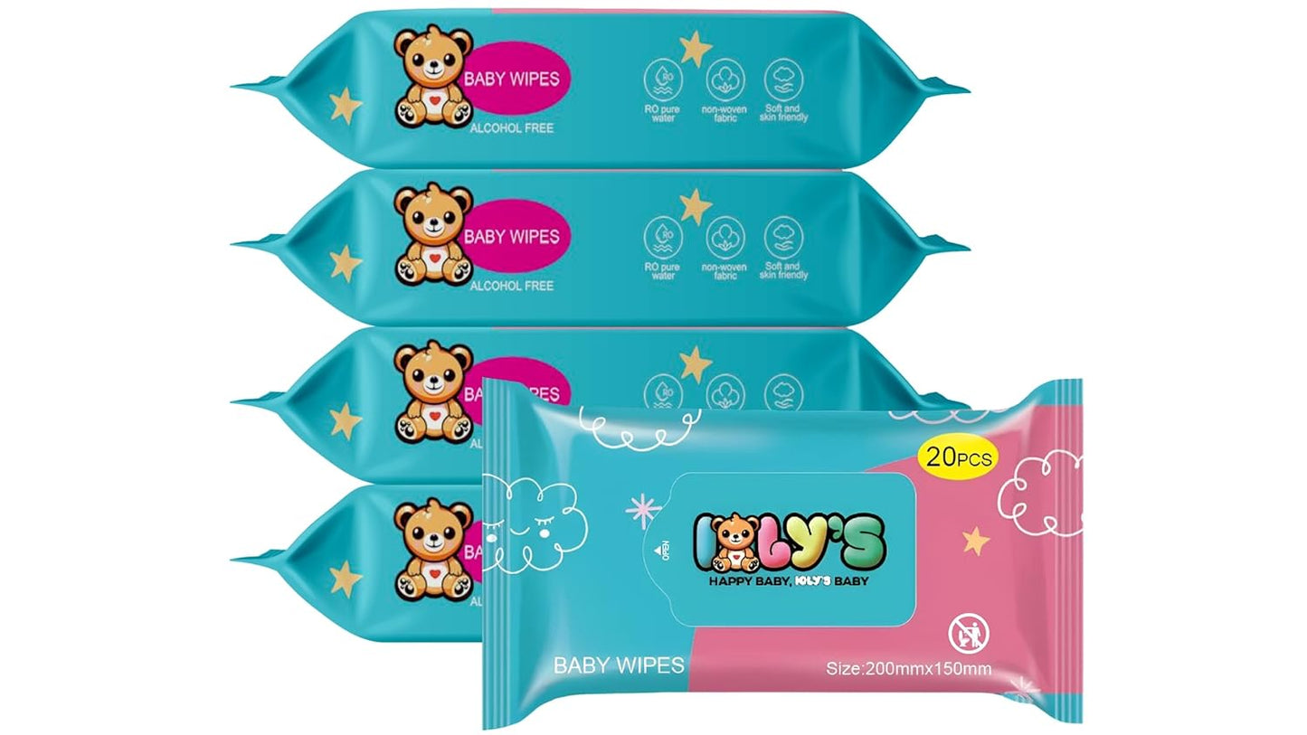 Ioly's Baby Wipes Unscented Wet Wipes 99% Water Based with Aloe Vera Fragrance Free Travel Pack 20