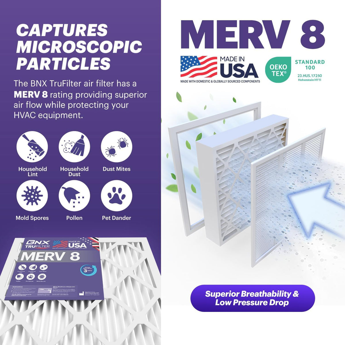 BNX TruFilter 20x25x4 (19.5’’ x 24.5’’ x 3.63‘’ Slim Fit) MERV 8 Air Filter 2-Pack - MADE IN USA