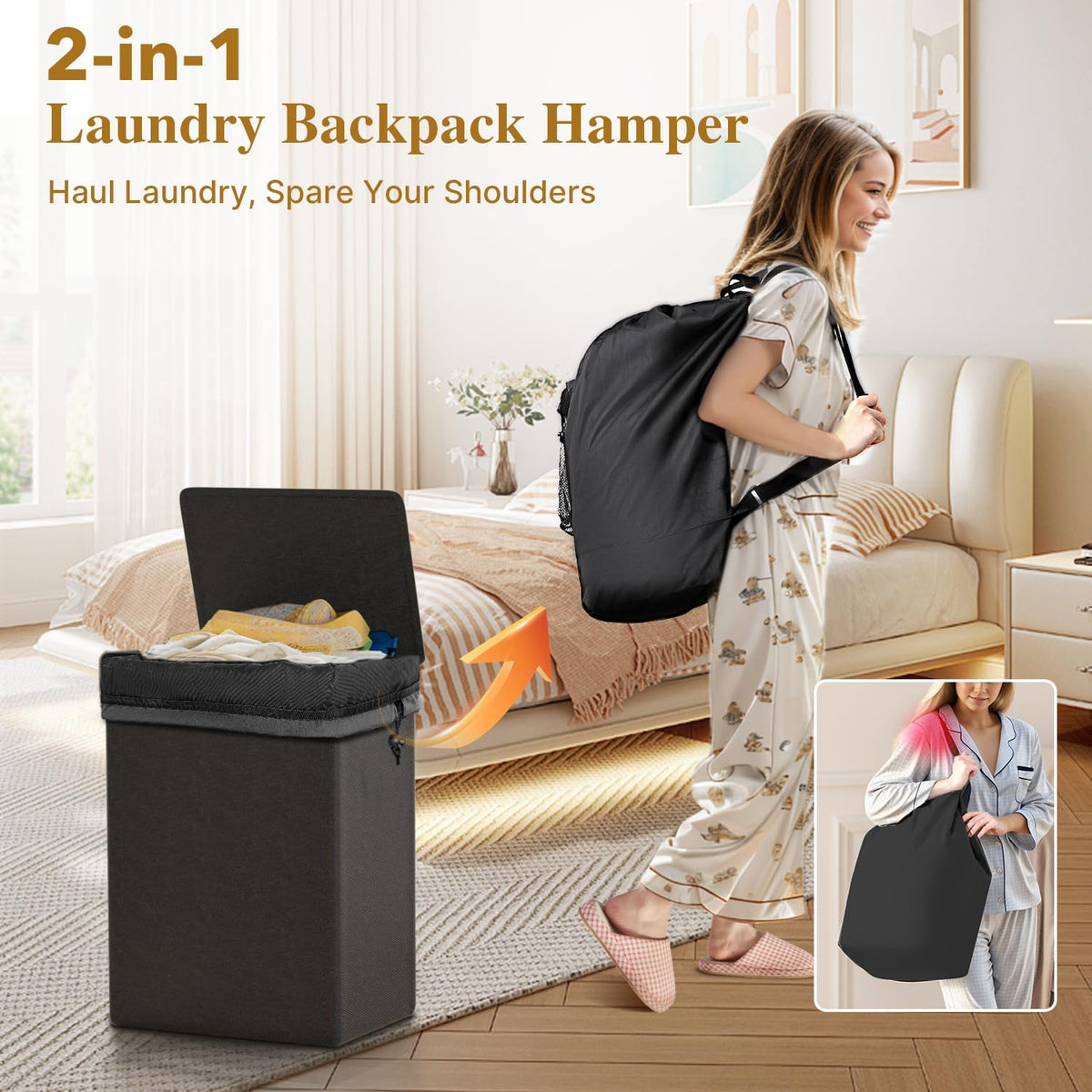 60L 2-in-1 Laundry Hamper with Laundry Backpack, Waterproof Basket with Lid, Laundry Bag with
