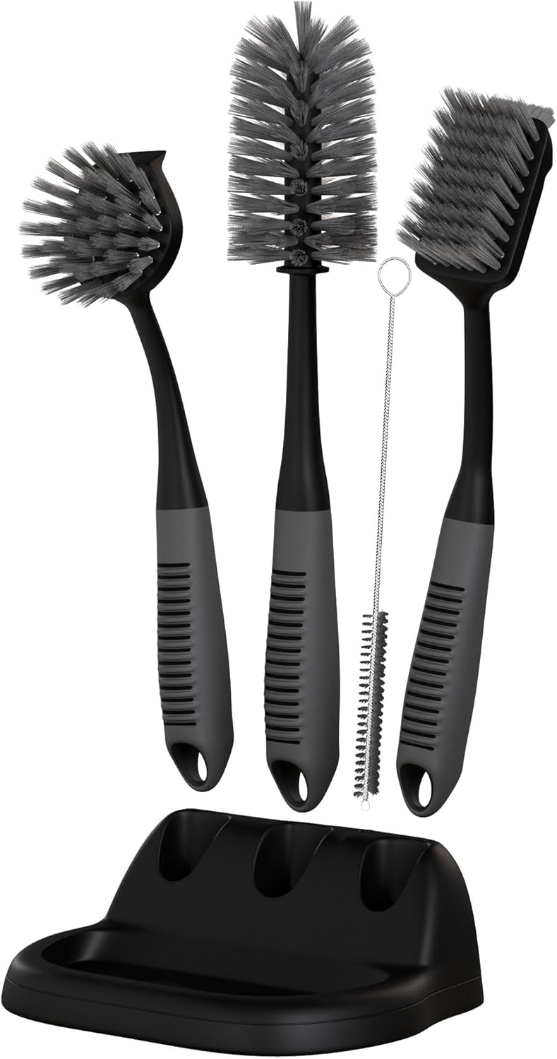 Dish Brush Set of 5 with Holder - Kitchen Scrub Brushes with Non-Slip Long Handle for Cleaning