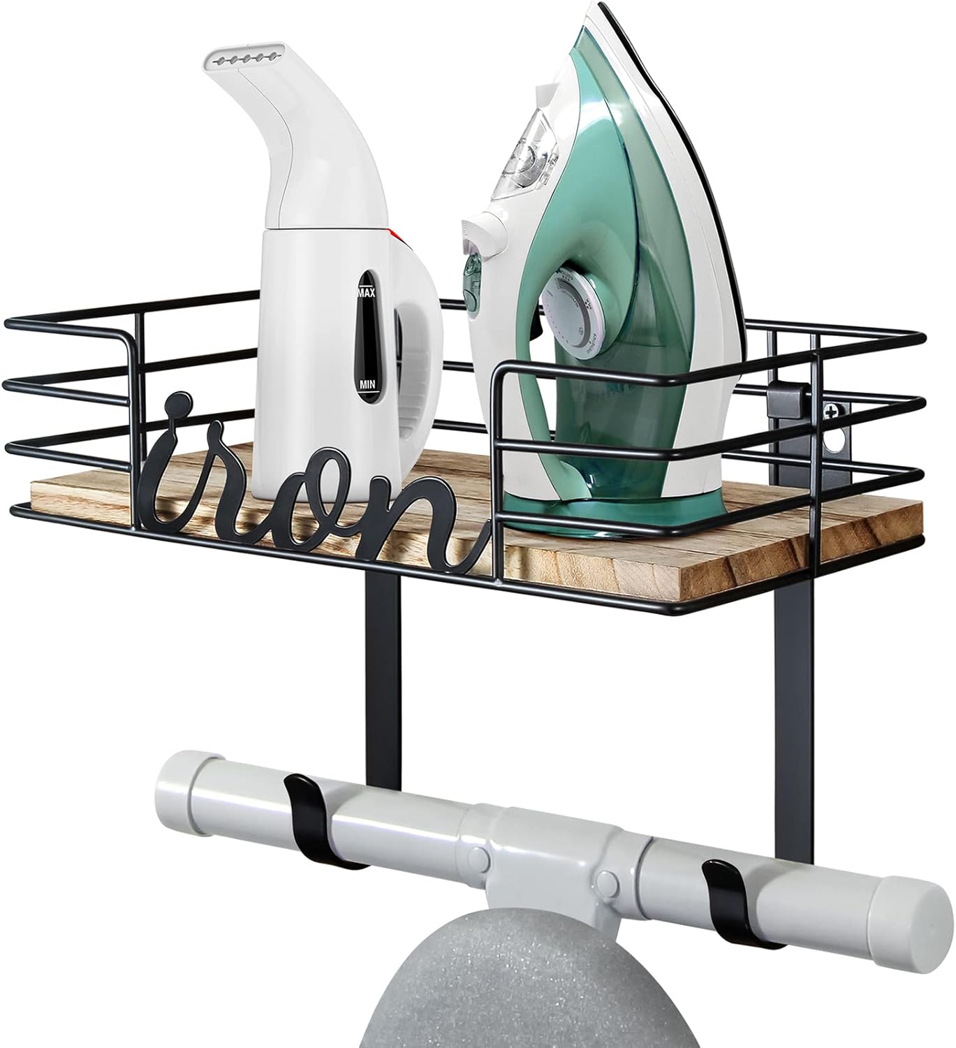 TJ.MOREE Hanger wall mount - Laundry Room Iron and ironing board Holder, Metal with Large Storage