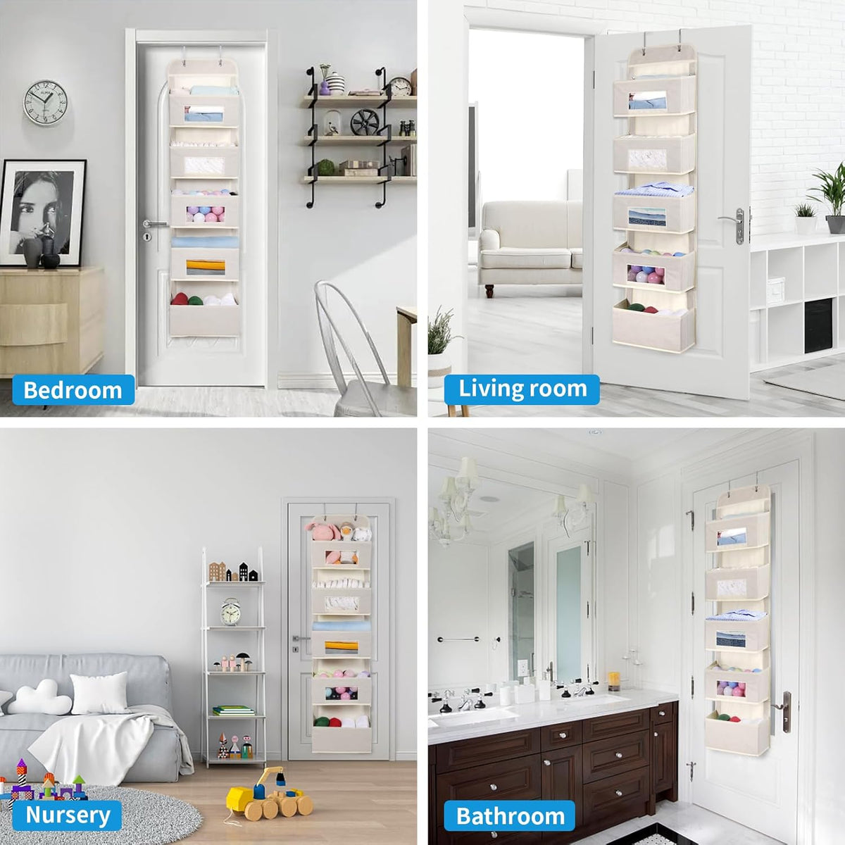 5-Shelf Over The Door Hanging Organizer with 2 Metal Hooks，5 Pocket Over The Door Wall Mount