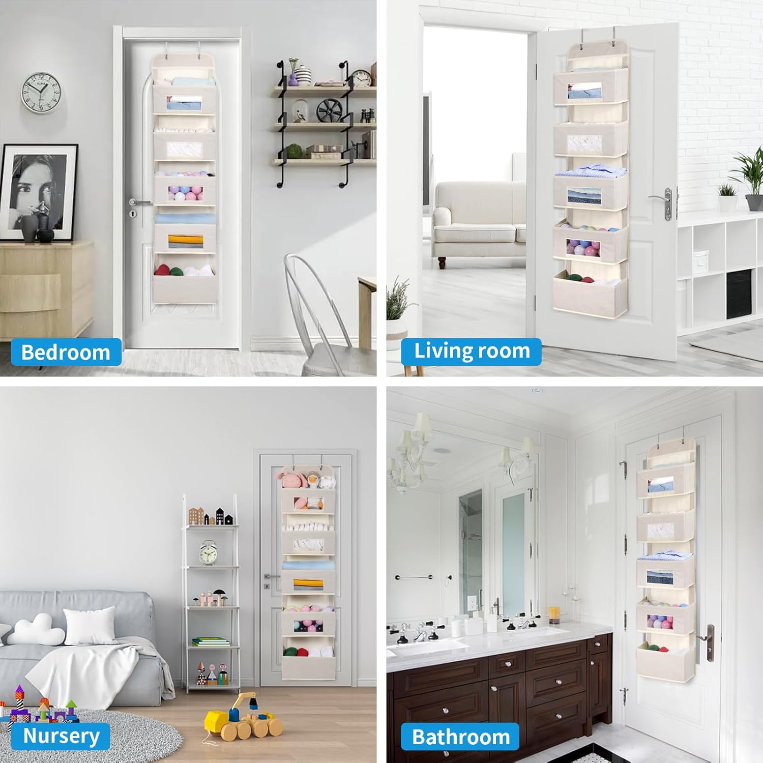 5-Shelf Over The Door Hanging Organizer with 2 Metal Hooks，5 Pocket Over The Door Wall Mount