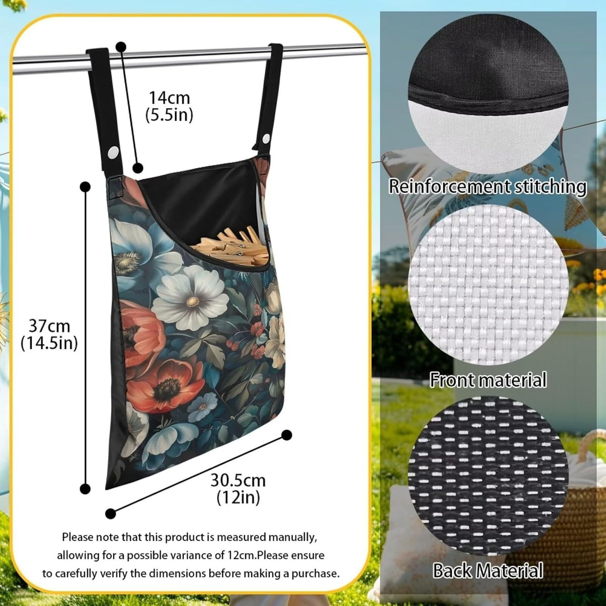 Art Flowers Clothes Pin Bag Holder - 14.5 x 12 Inch Lightweight Clothespin Bag for Easy Hang