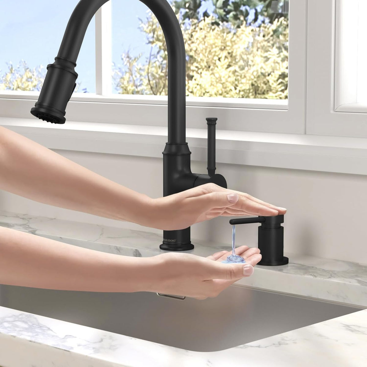 Lava Odoro Black Soap Dispenser for Kitchen Sink, Modern Brass Built in Countertop Pump Dispenser