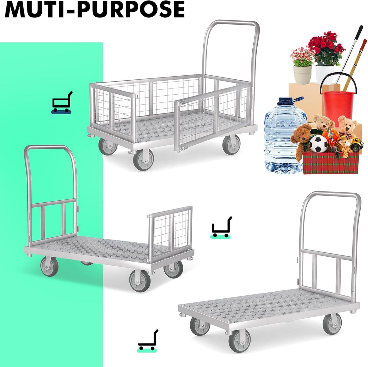 4-in-1 Platform Truck Cart with Cage, Multi-Purpose Heavy Duty Steel Flatbed Cart with 2200lbs