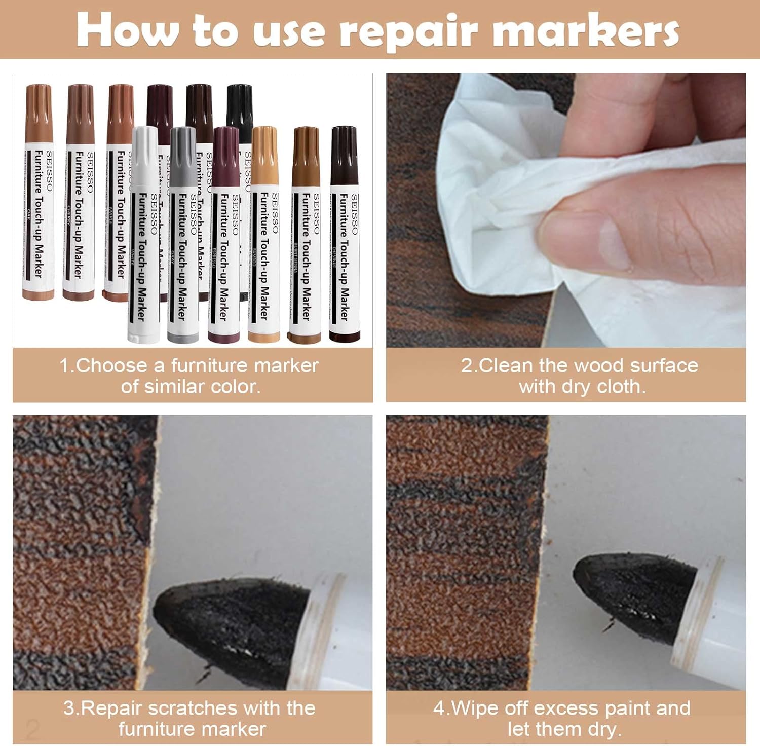 SEISSO Furniture Repair Kit, Wood Markers for Scratches, 12 Colors Furniture Touch-up Markers and