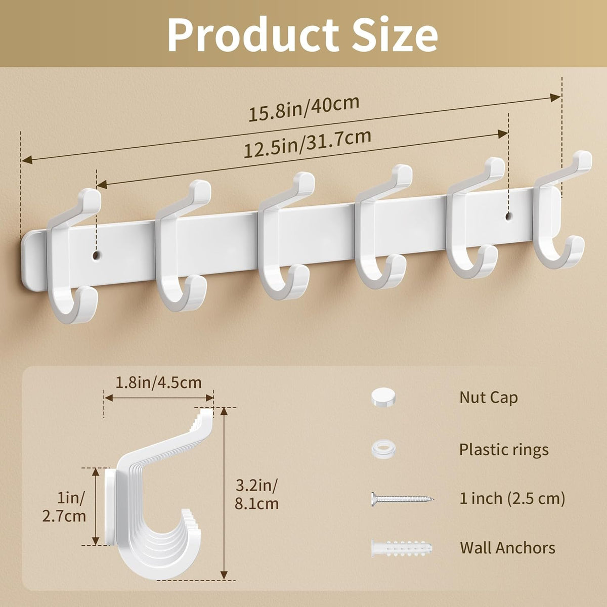Coat Rack Wall Mounted Heavy-Duty: Metal Coat Hanger 6 Hooks for Hanging Hat, Clothes, Robe, Keys