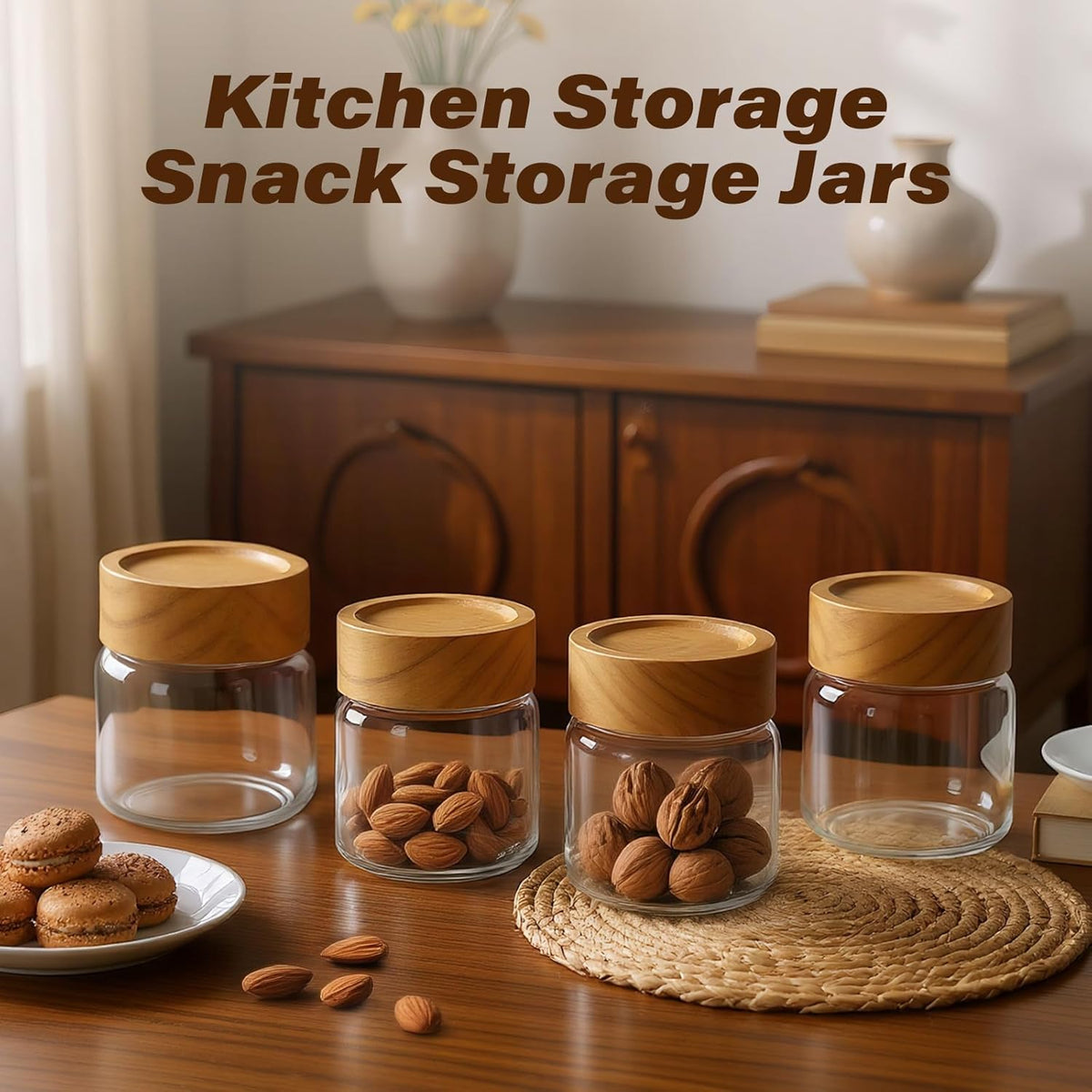 6-Pack 6 oz Airtight Food Sealed Jars with Acacia Wood Lids - Glass Meal Prep Containers for