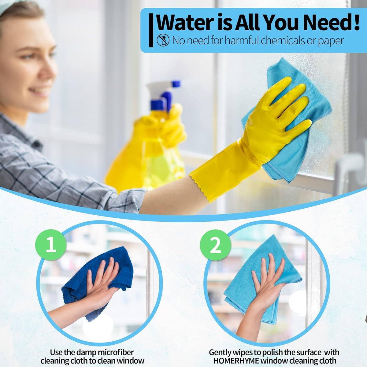 HOMERHYME Microfiber Glass Cleaning Cloth, 12 Pack Window Glass Cleaning Rags, Reusable Lint-Free
