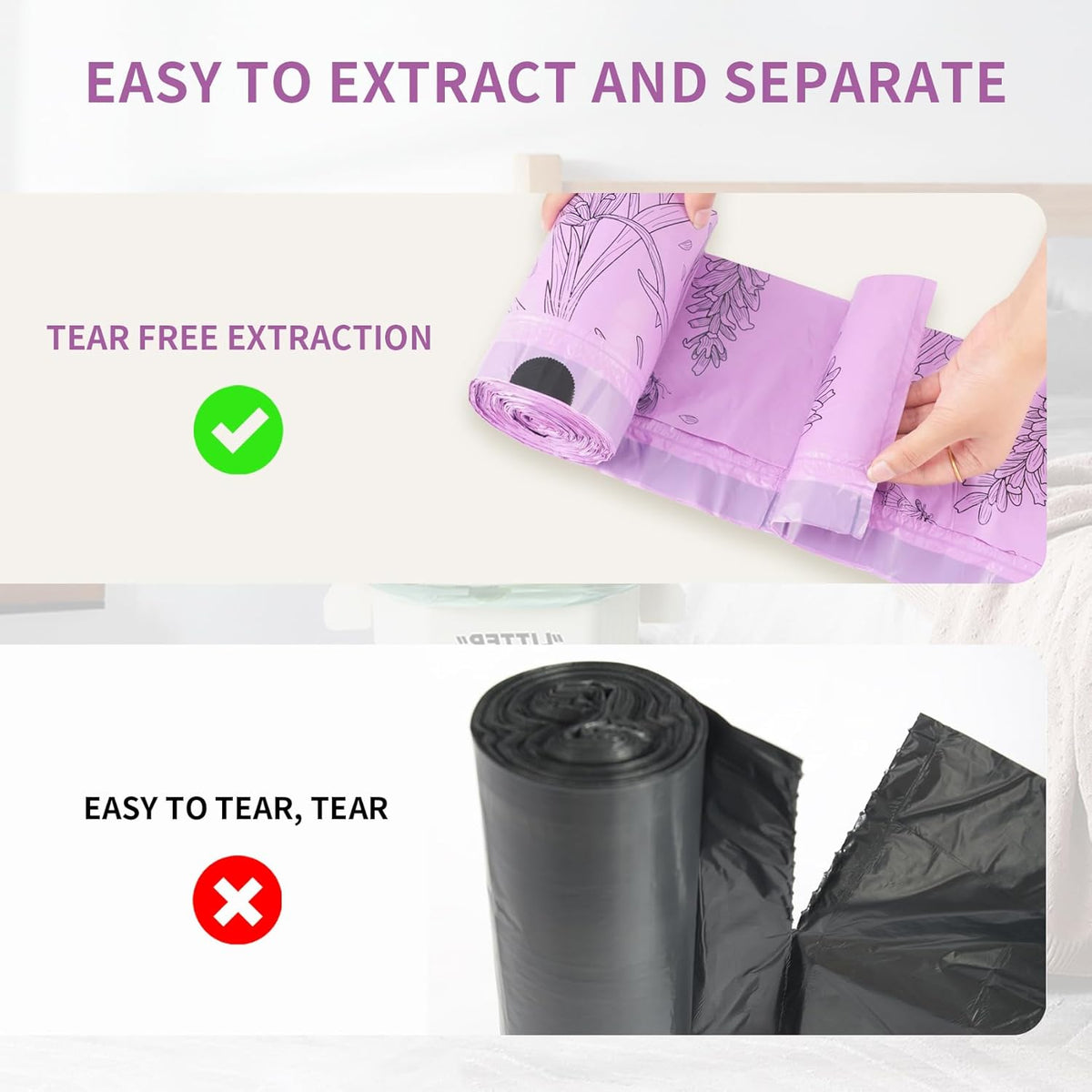 VOK 13 Gallon Trash Bags with Lavender Print & Drawstring, Tear-Resistant Tall Kitchen Garbage