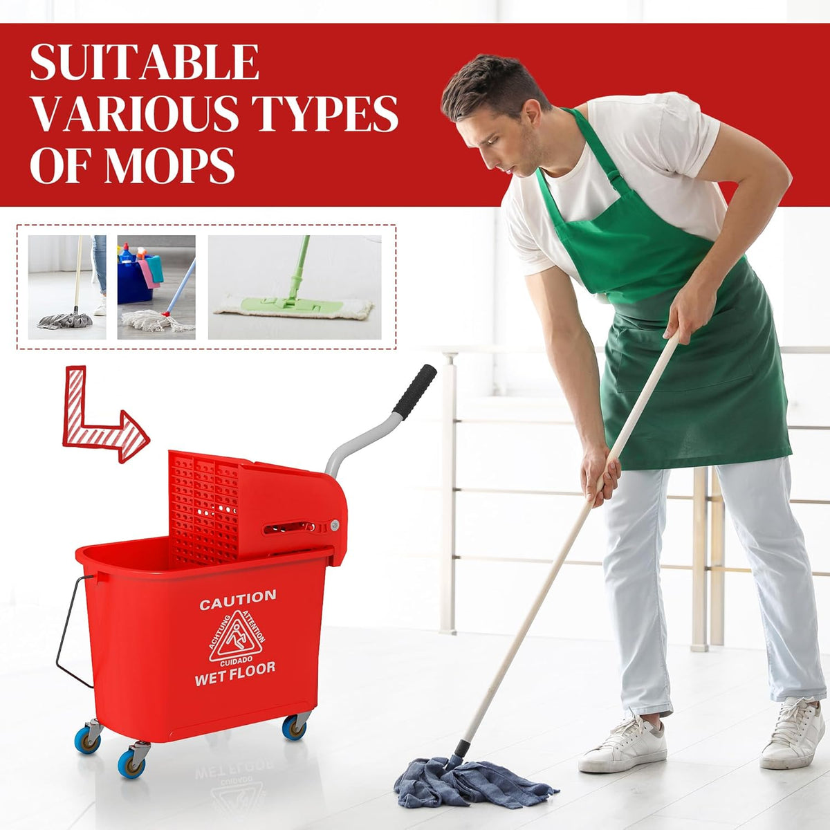 HOMCOM Compact Mop Bucket with Wringer on Wheels for Floor Cleaning, 21 Quart, Separate Dirty and