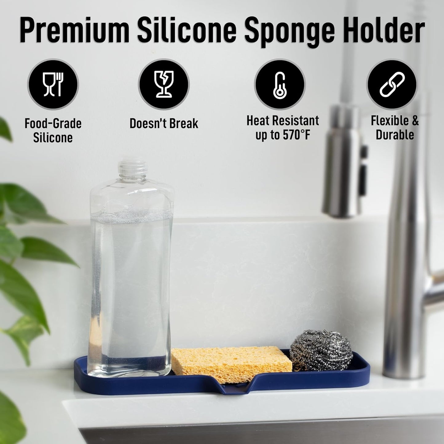 Zulay Kitchen Large Silicone Sponge Holder (12x4) – Flexible Sink Organizer Tray for Kitchen &