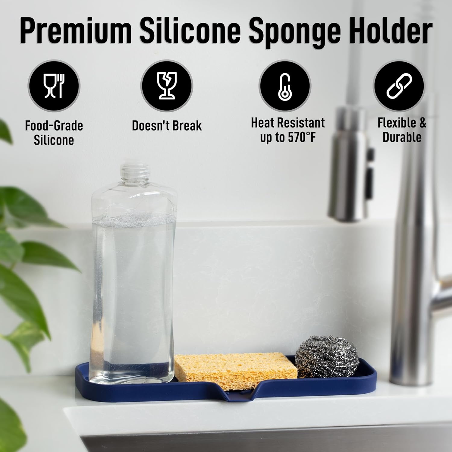Zulay Kitchen Large Silicone Sponge Holder (12x4) – Flexible Sink Organizer Tray for Kitchen &