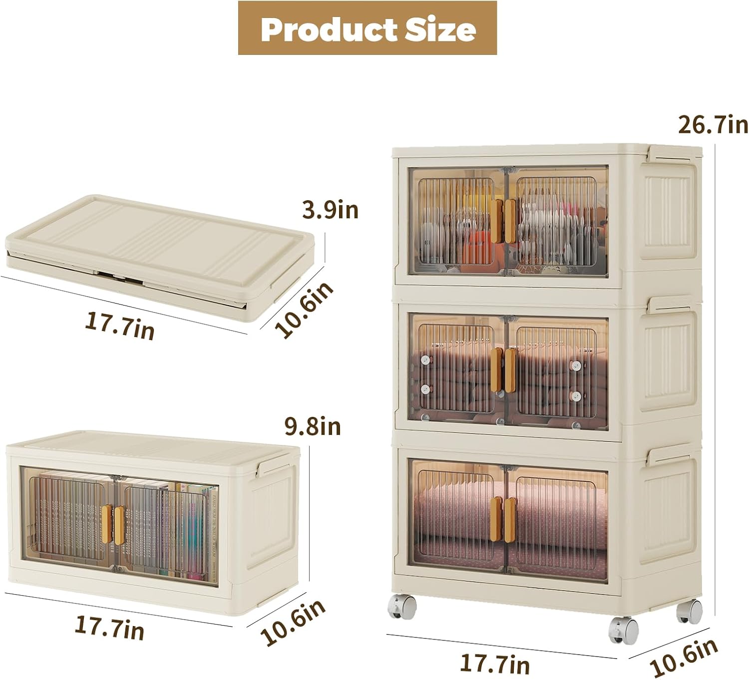 3 Tier Stackable Plastic Storage Bins with Lids 28QT, Collapsible Closet Organizers and Storage