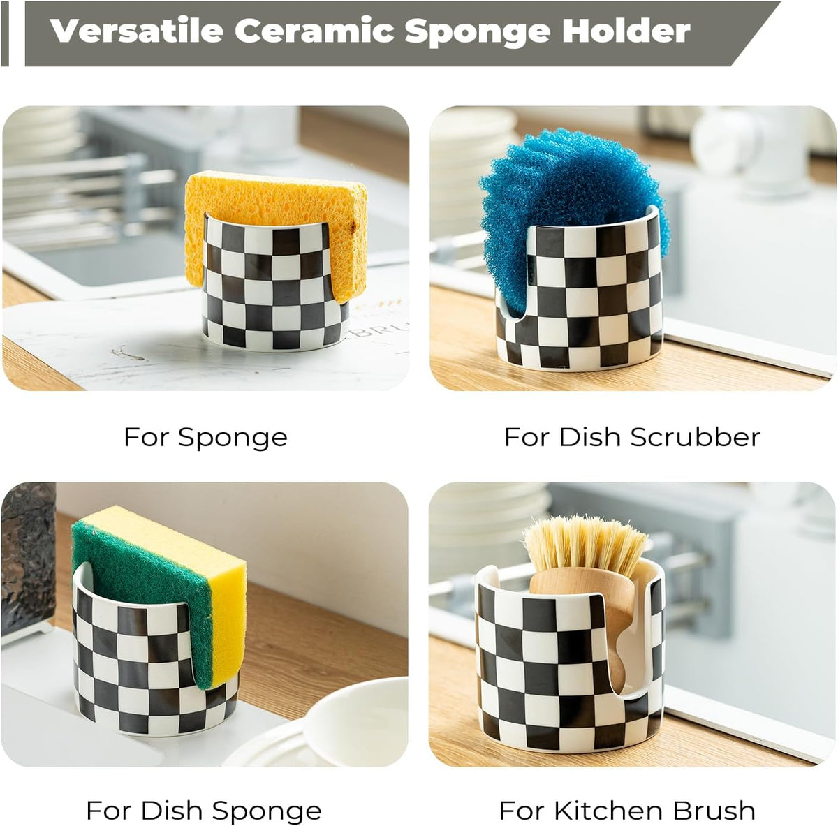 Checkered Kitchen Sink Sponge Holder, Dish Sponge Rack Ceramic Brush Holder Farmhouse Kitchen Dish