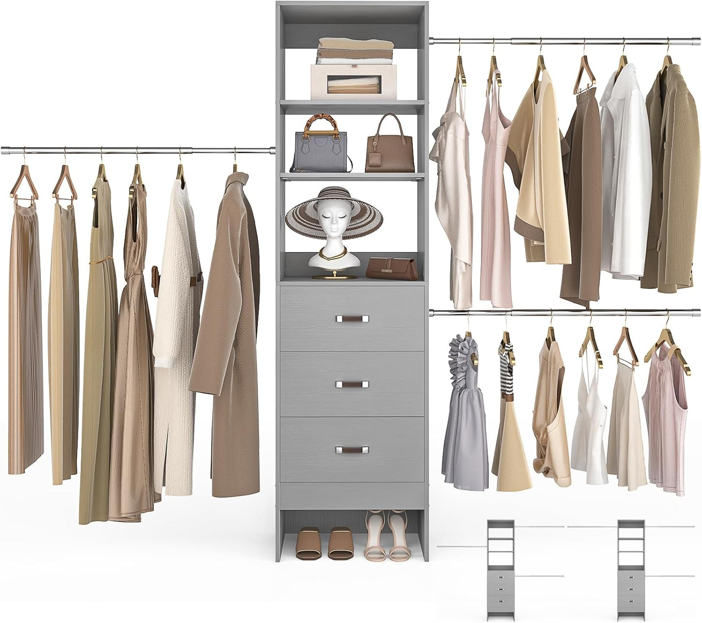 96'' Closet Organizer System with 3 Hanging Rods (Without 3 Storage Shelves), 8FT Closet Systems