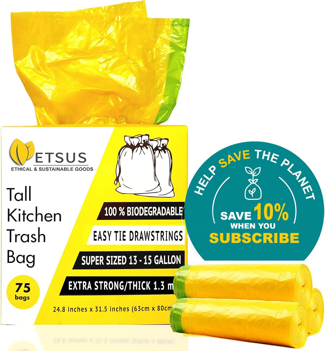 13 Gallon Biodegradable Trash Bags with Drawstrings, 75 Count Plant Based, Code Q Tall Kitchen