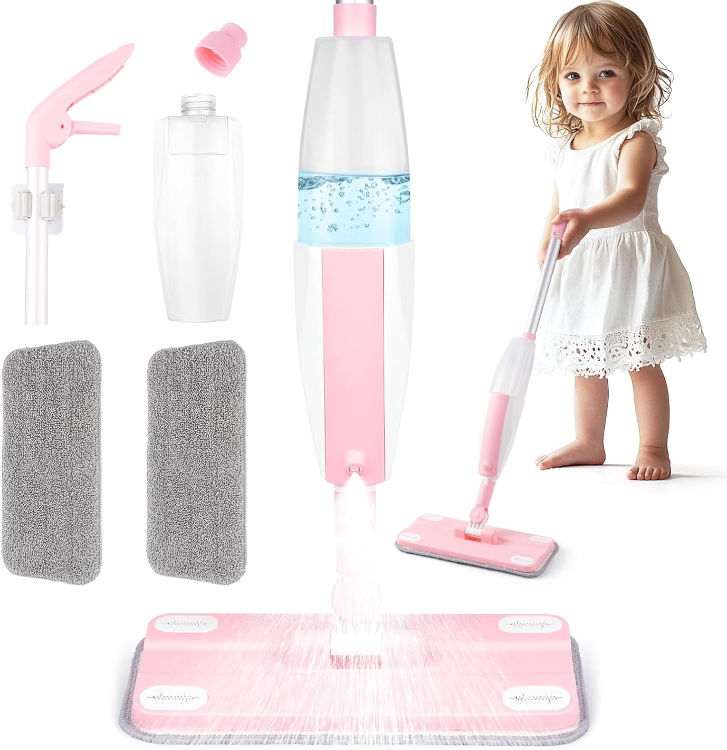 Pink Mini Spray Mop for Toddler-Girls Montessori Cleaning Toy That Real Spray Water,Pretend