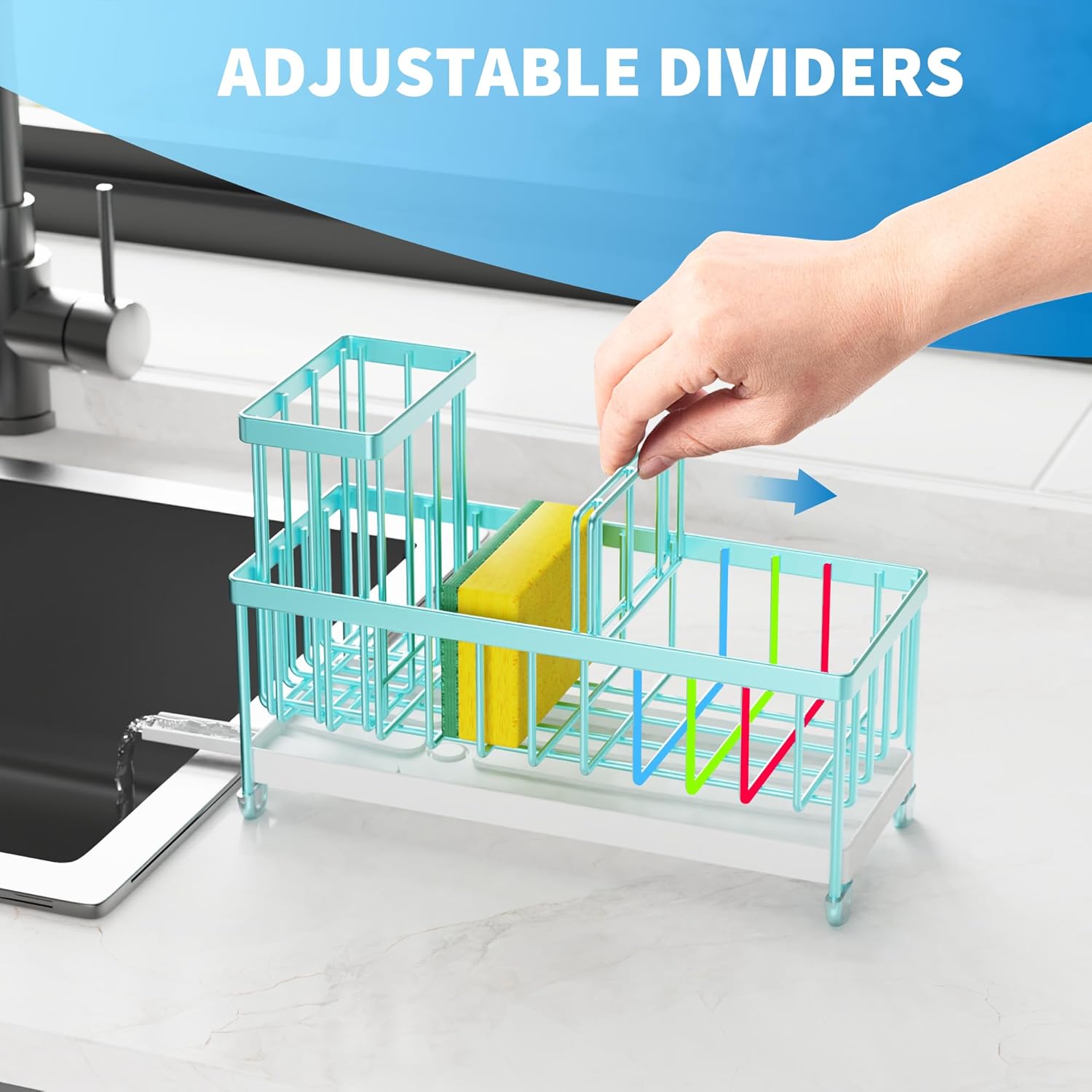 Cisily Turquoise Sponge Holder for Kitchen Sink, Sink Caddy Organizer with High Brush Holder