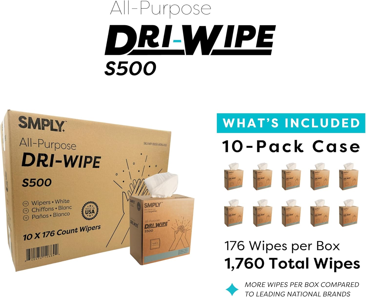 Dri-Wipe S500 by SMPLY Brands – All-Purpose Disposable Wipes, 10 Boxes of 176 (1,760 Total Wipes)