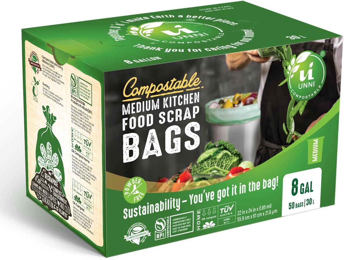 UNNI Compostable Trash Bags, 8 Gallon / 30 Liter, 200 Count Value Pack, Extra Thick 0.85 mil Medium