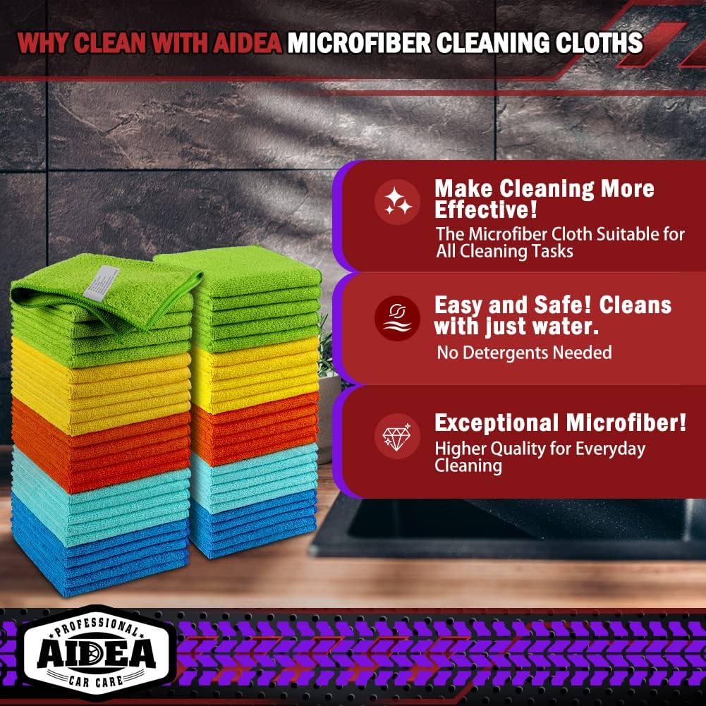 AIDEA Microfiber Cleaning Cloth, 50PK, Microfiber Towels for Cars, Premium Wash Cloths, Dusting