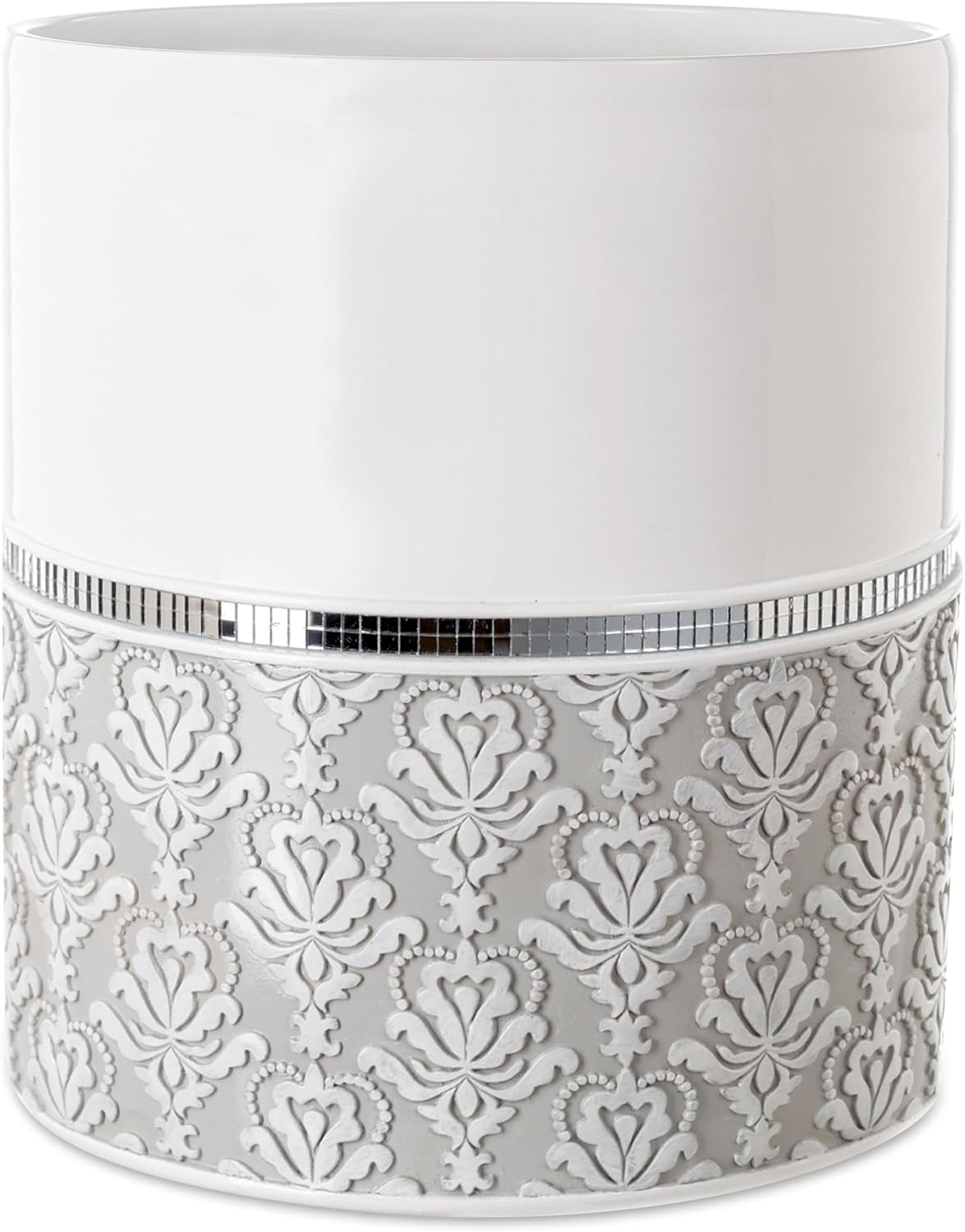 Creative Scents Mirror Damask Small Bathroom Trash Can 1.58 Gal / 6L - Decorative White and Gray