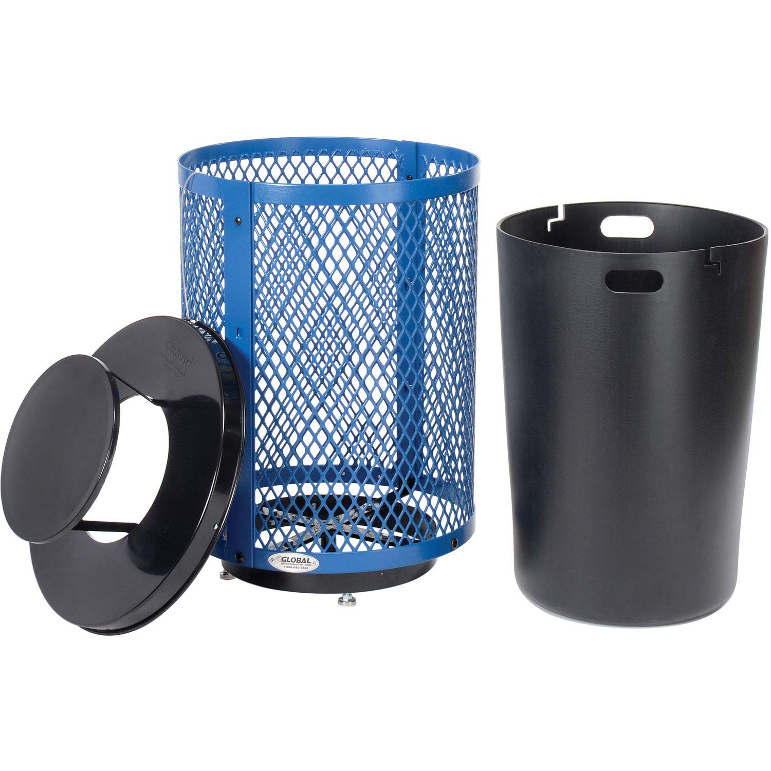 Global Industrial Outdoor Diamond Steel Trash Can with Rain Bonnet Lid, Raised Base and Plastic