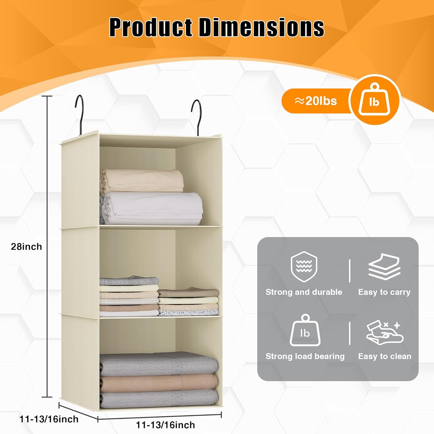 Hanging Closet Organizer and Storage 3-Shelf, Easy Mount Foldable Hanging Closet Wardrobe Storage