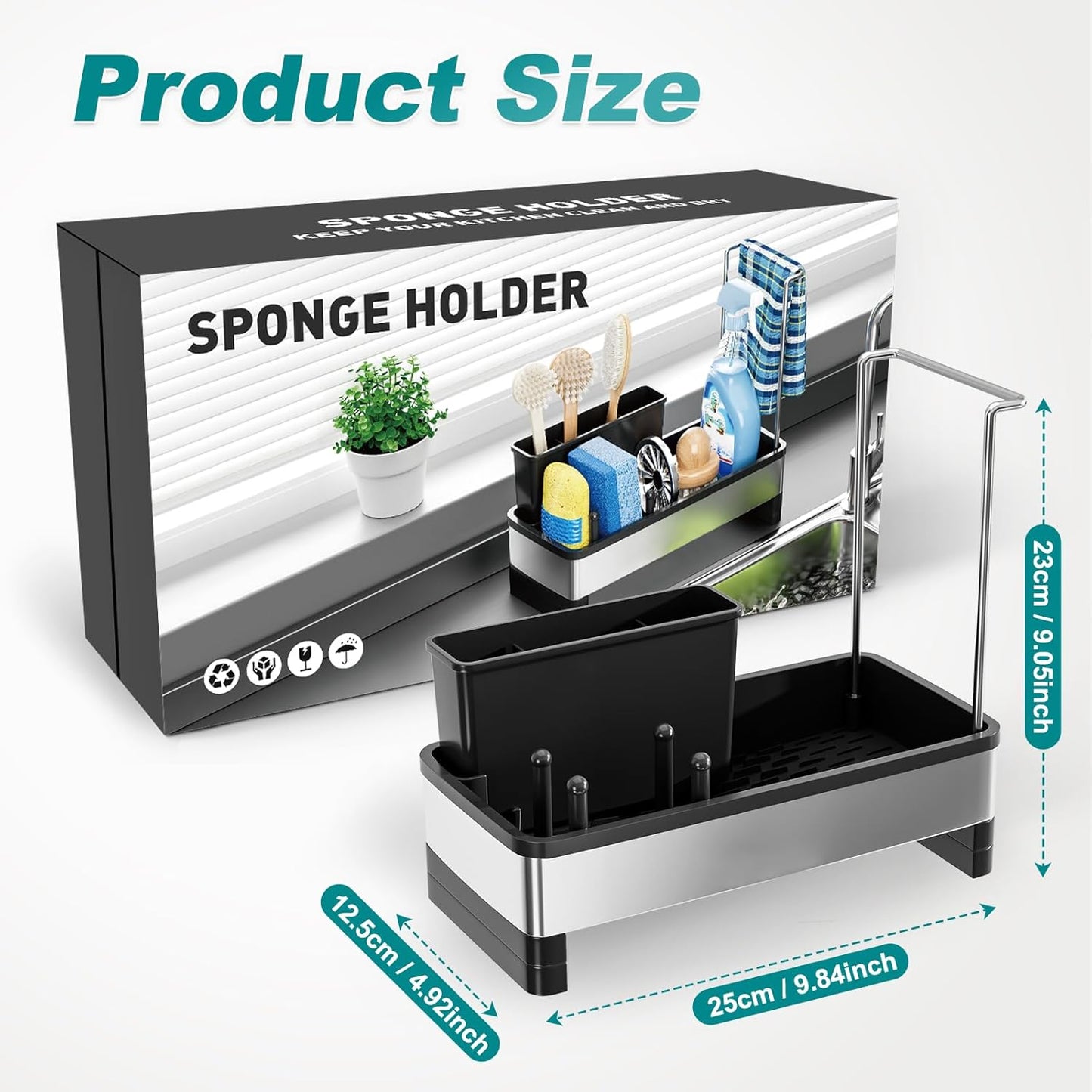 Stainless Steel Sink Caddy, Sponge Holder for Kitchen Sink with Brush Holder & Dishcloth Rack
