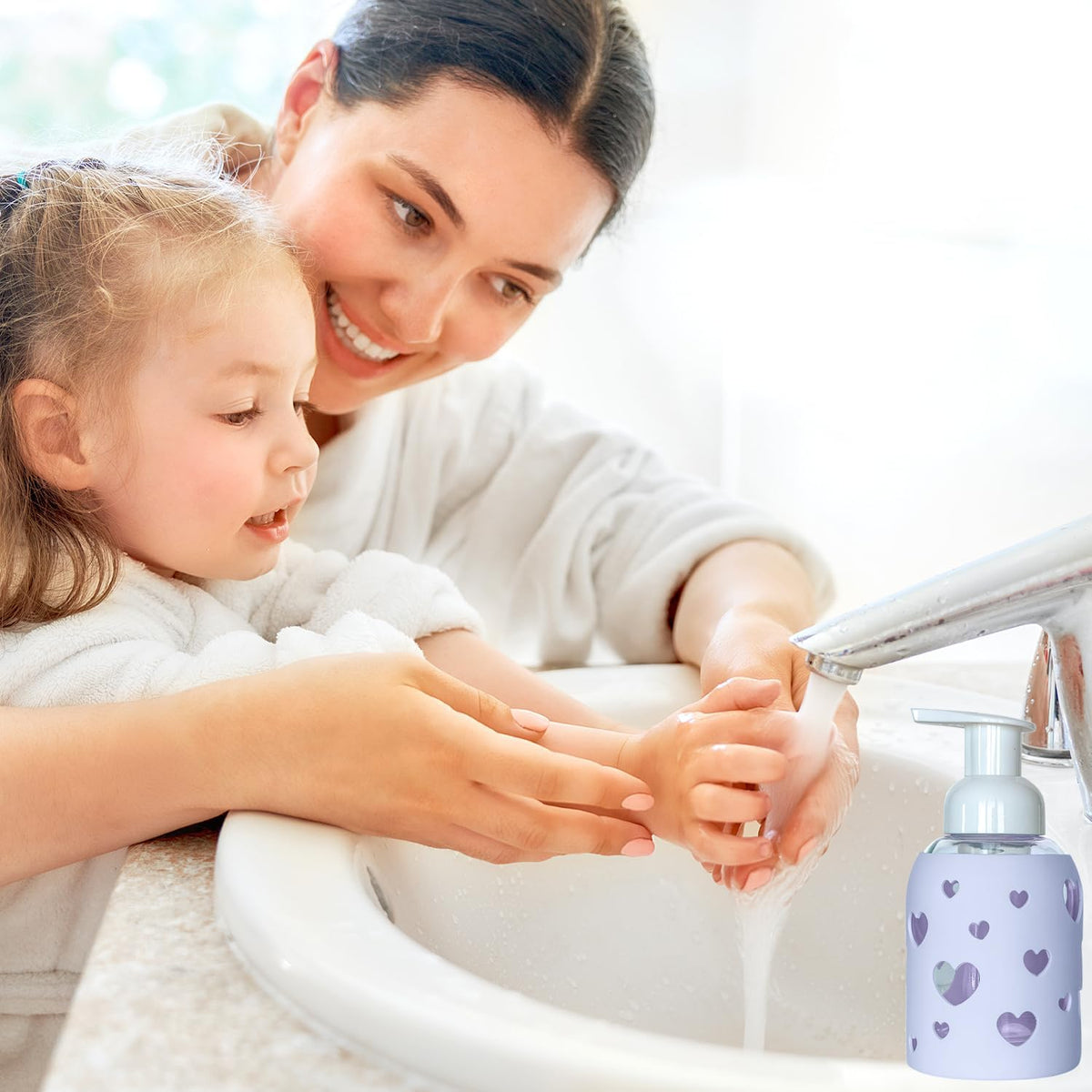 SoCal Suds & Company Glass Foaming Hand Soap Dispenser, Heart Silicone Sleeve, Refillable Pump