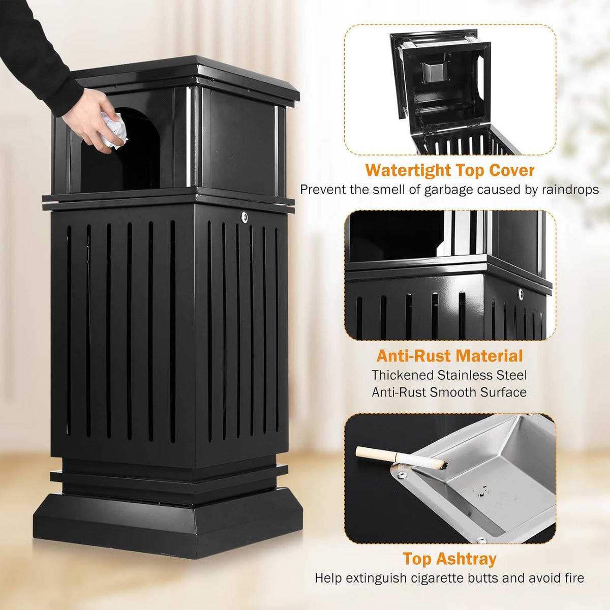 BEAMNOVA Trash Can Outdoor Top Tray Black Stainless Steel Commercial Garbage Enclosure with Locking
