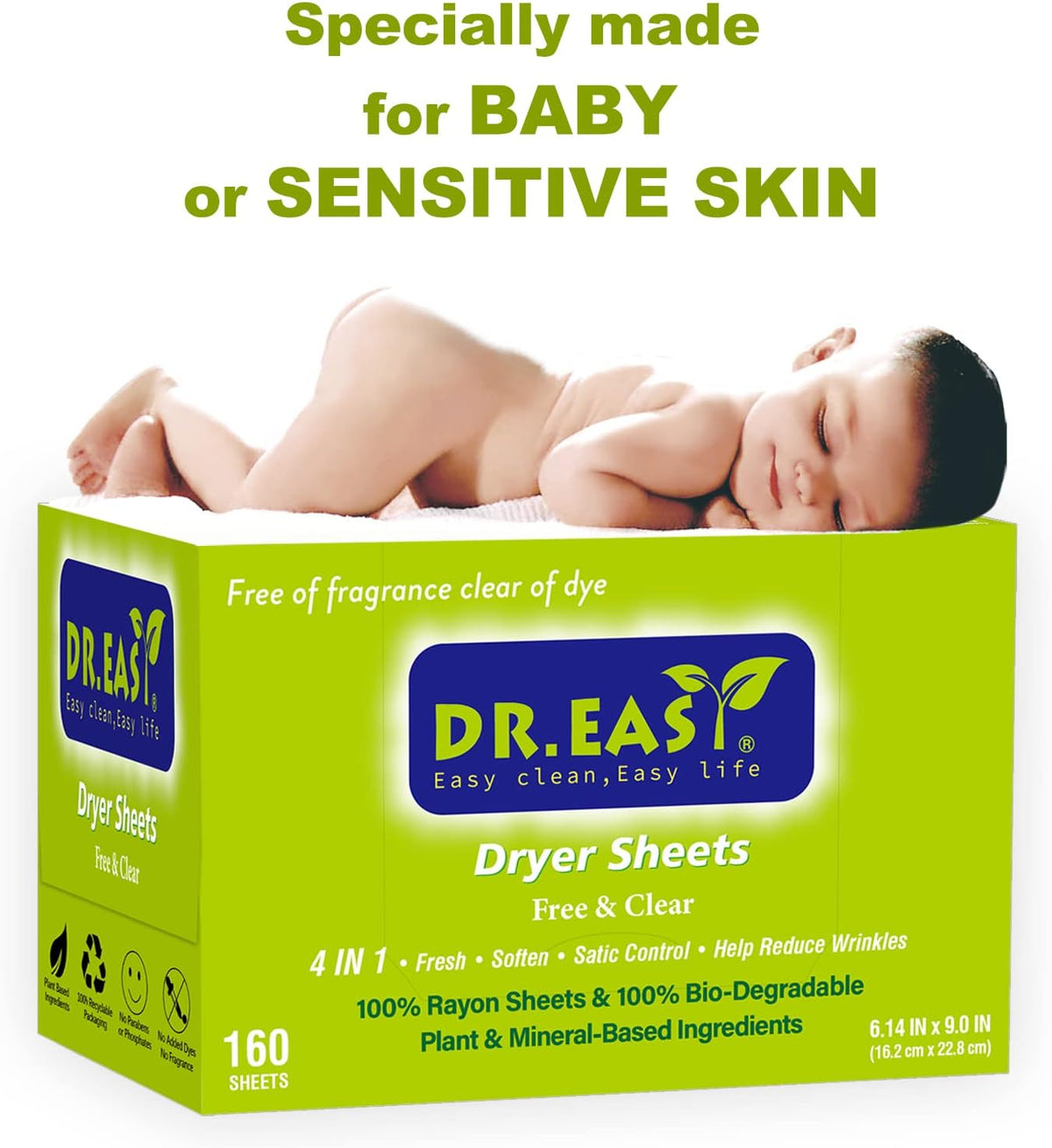 Dr.Easy Dryer Sheets Free & Clear Plant Based all ingredients for Sensitive Skin 160 Ct 100% Rayon