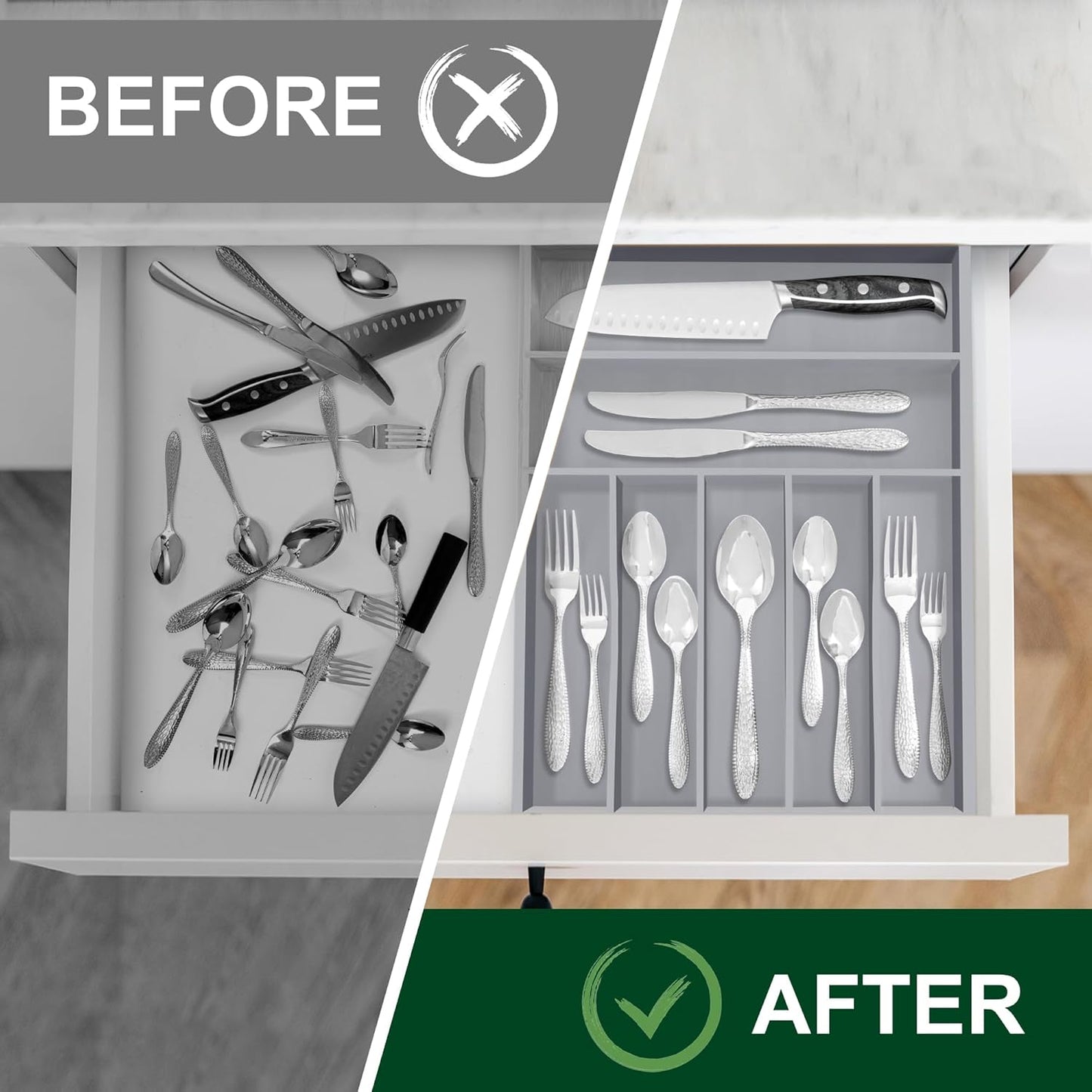 Bellsal Grey Utensil Organizer 12.5 Inch Silverware Tray for Drawer Utensil Holder Cutlery